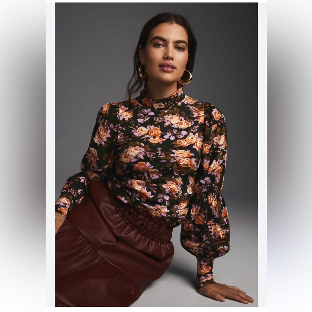 By Anthropologie Tiered-Sleeve Turtleneck Blouse Top Floral Printed turtleneck